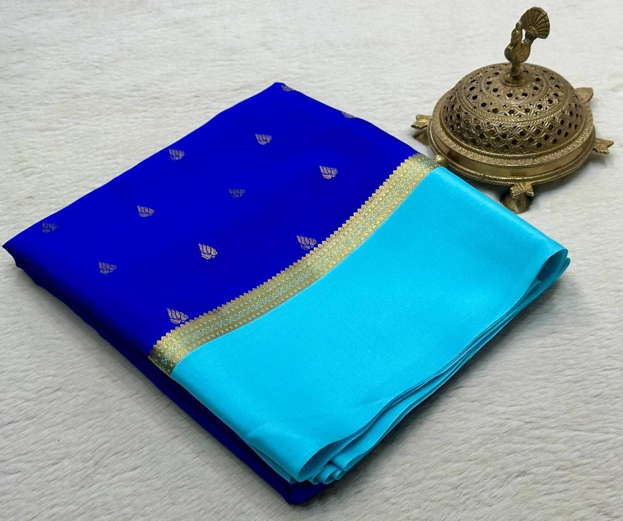 Pure Mysore Crepe Silk Saree with Peacock Butta Zari Weaving & Rich Pallu