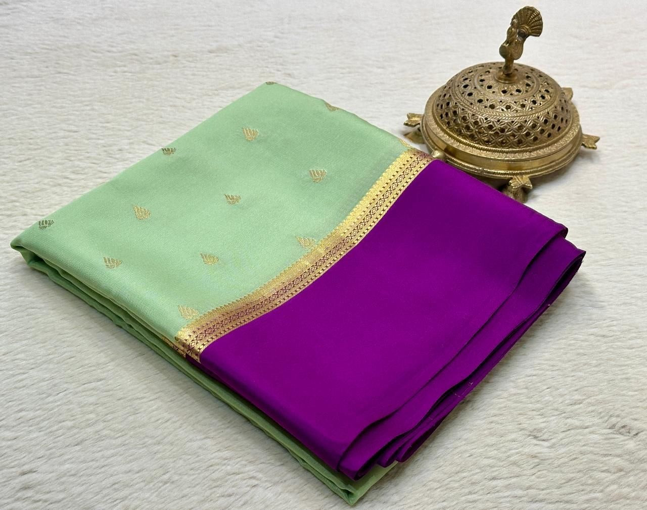 Pure Mysore Crepe Silk Saree with Peacock Butta Zari Weaving & Rich Pallu