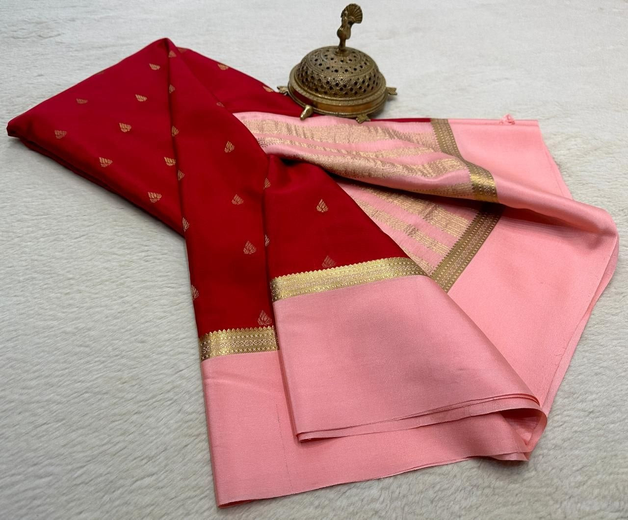 Pure Mysore Crepe Silk Saree with Peacock Butta Zari Weaving & Rich Pallu