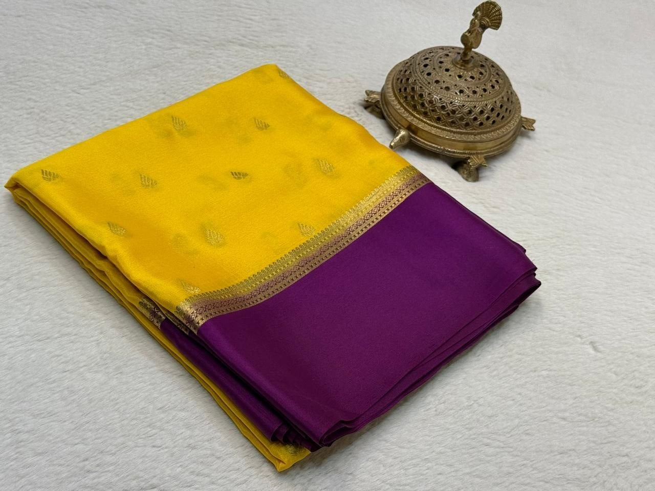 Pure Mysore Crepe Silk Saree with Peacock Butta Zari Weaving & Rich Pallu