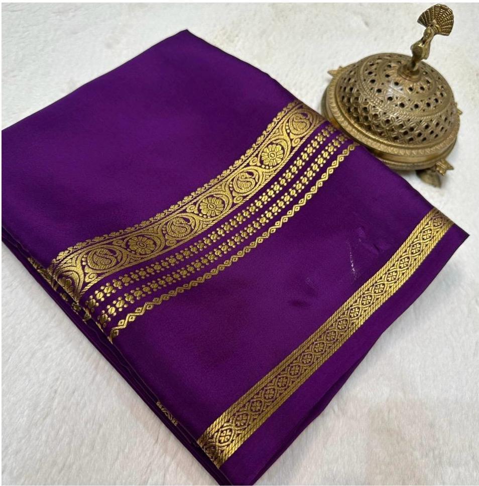 Semi Mysore Crepe Silk Mango Fancy Border Saree with Chit Pallu