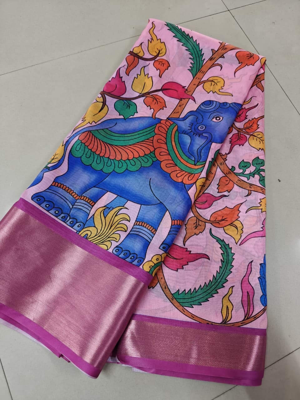 Kalamkari Designer Printed Dolla Silk Saree with Jacquard Weaving Border