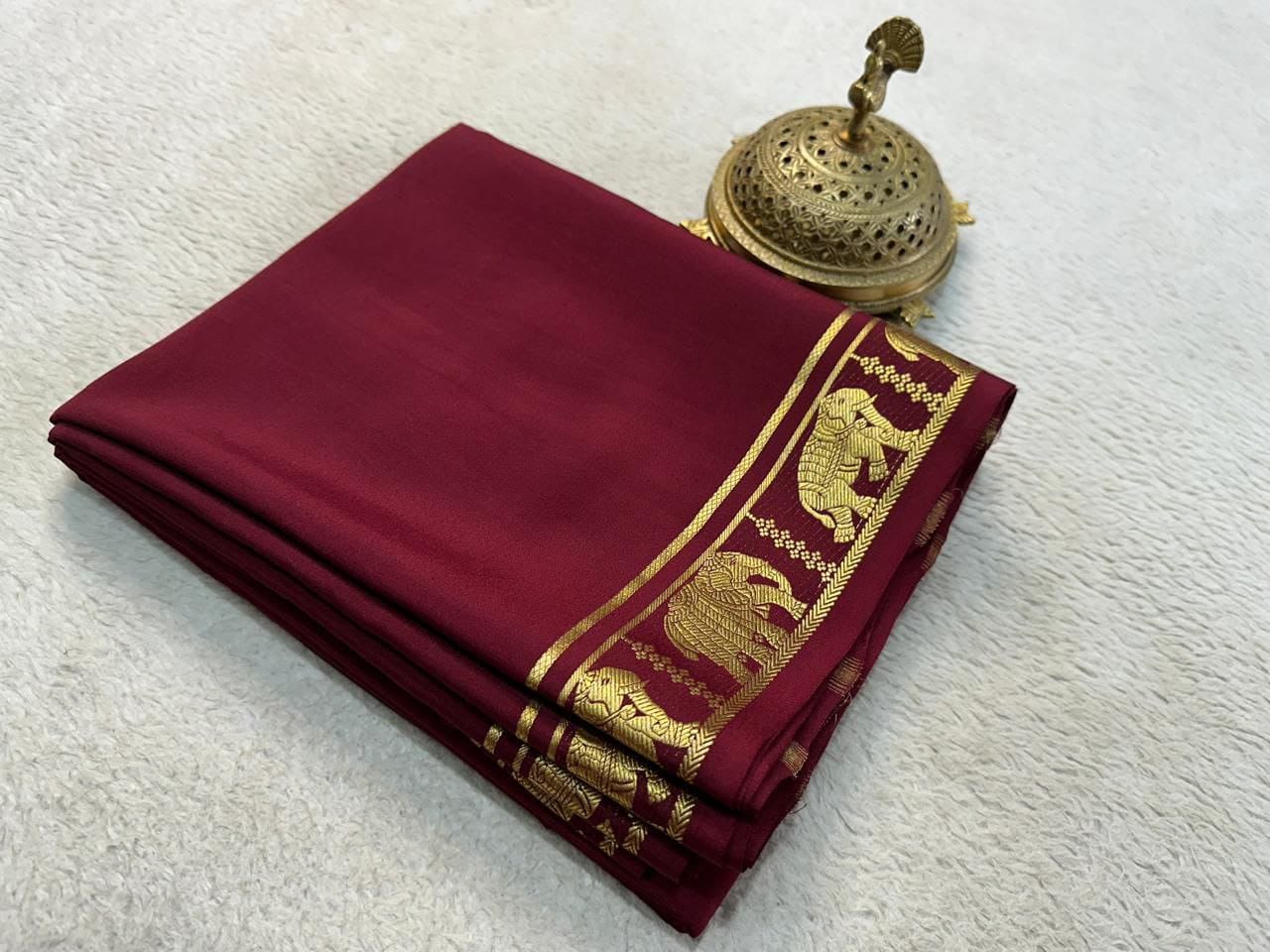 Semi Mysore Crepe Silk Fancy Elephant Border Saree with Chit Pallu