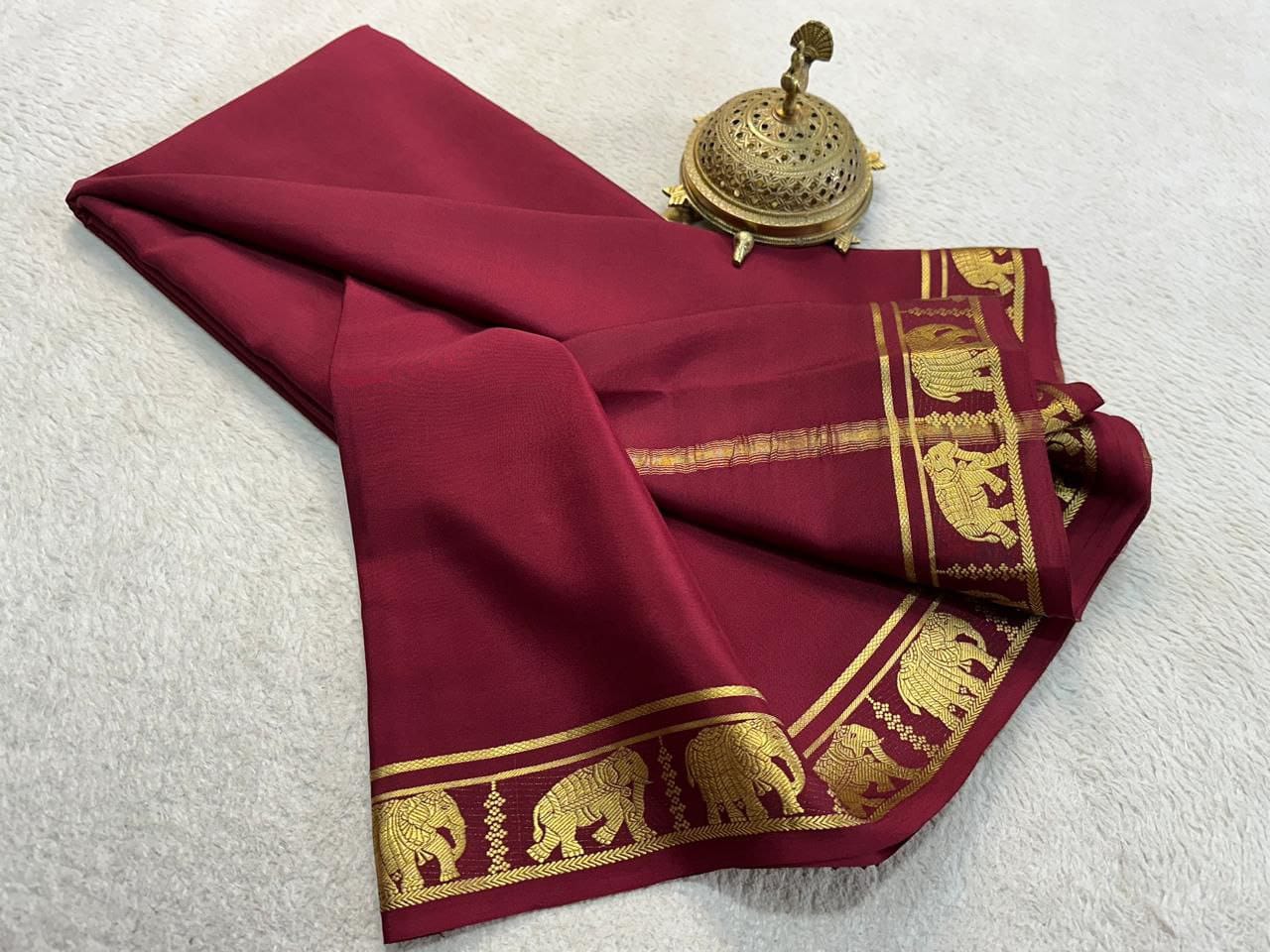 Semi Mysore Crepe Silk Fancy Elephant Border Saree with Chit Pallu