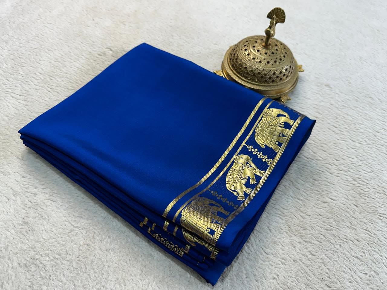 Semi Mysore Crepe Silk Fancy Elephant Border Saree with Chit Pallu