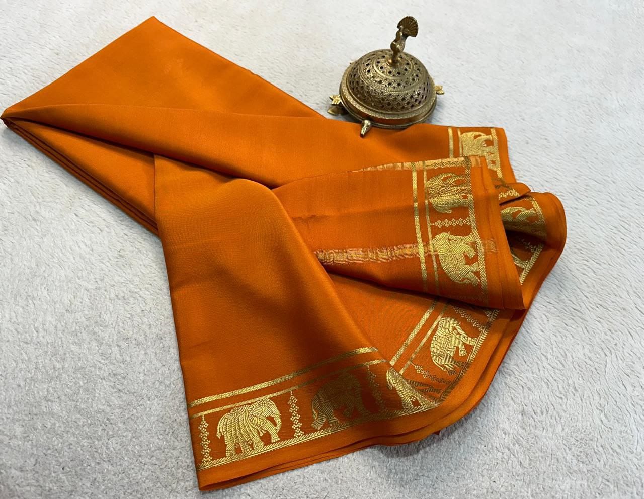 Semi Mysore Crepe Silk Fancy Elephant Border Saree with Chit Pallu