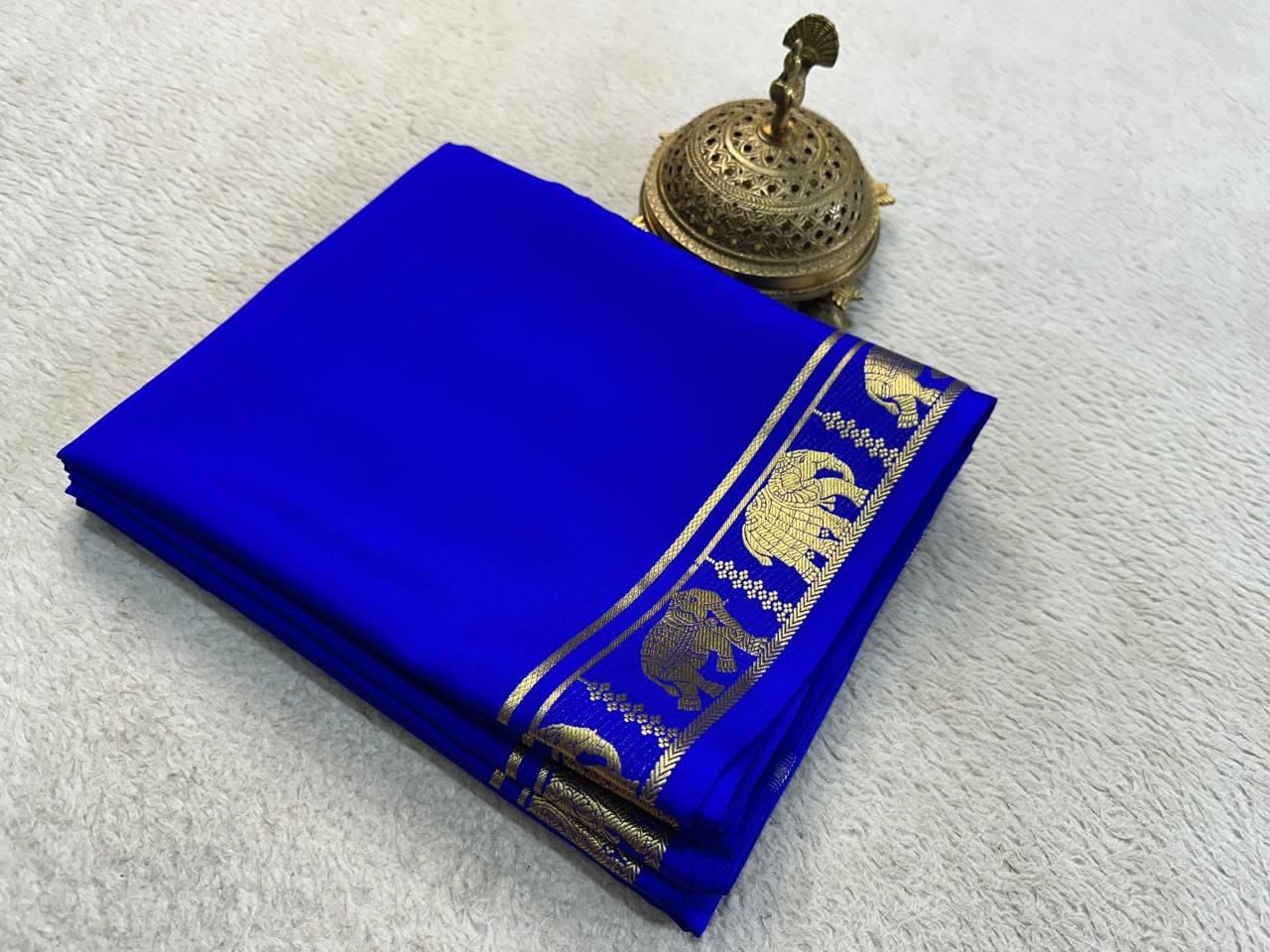 Semi Mysore Crepe Silk Fancy Elephant Border Saree with Chit Pallu