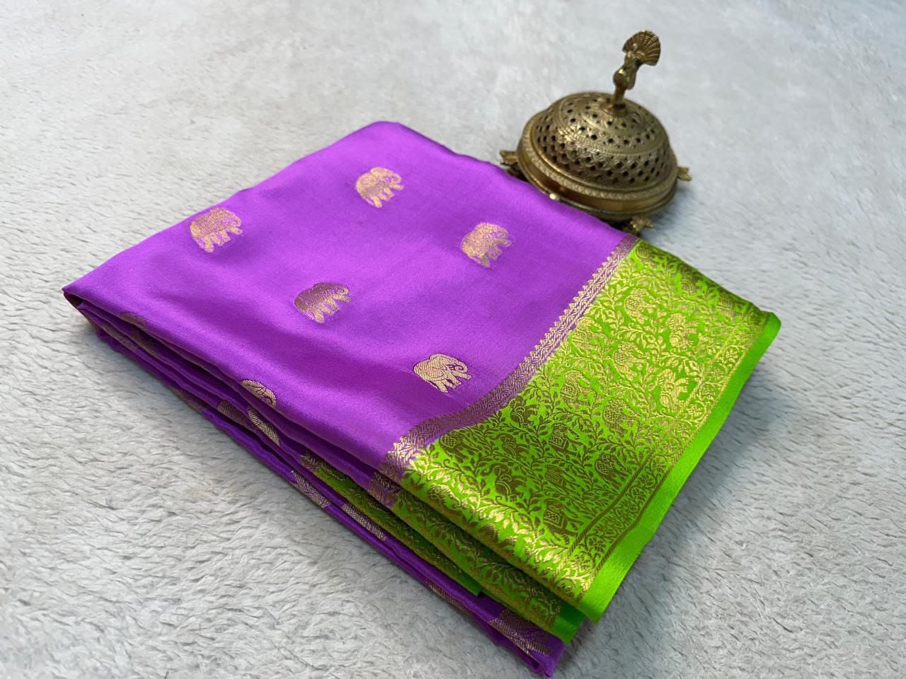 Pure Mysore Crepe Silk Saree with Elephant Zari Weaving & Rich Pallu
