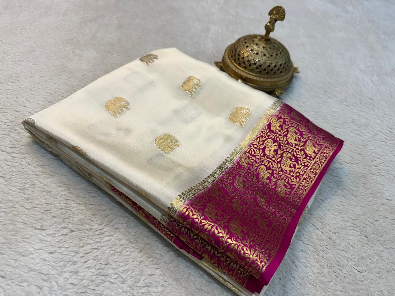 Pure Mysore Crepe Silk Saree with Elephant Zari Weaving & Rich Pallu
