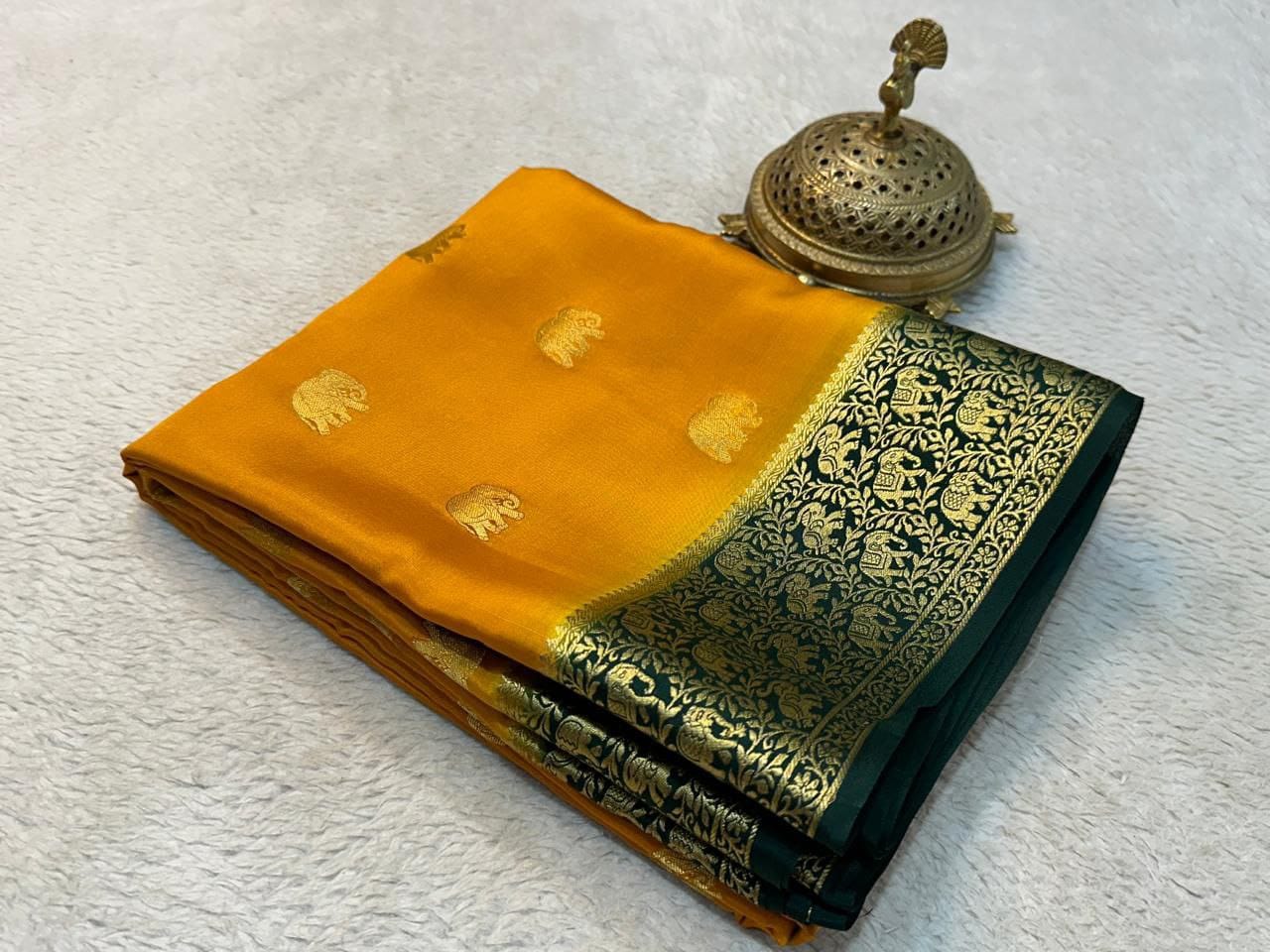 Pure Mysore Crepe Silk Saree with Elephant Zari Weaving & Rich Pallu