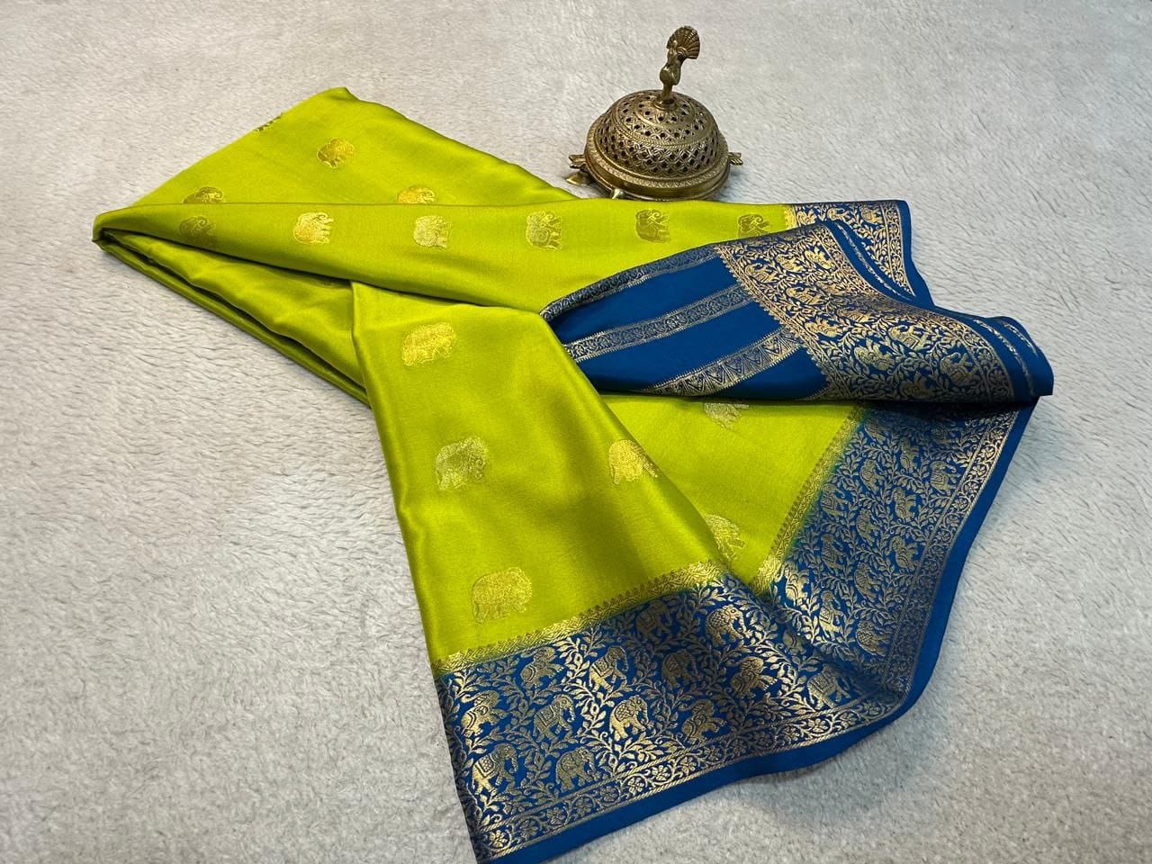 Pure Mysore Crepe Silk Saree with Elephant Zari Weaving & Rich Pallu