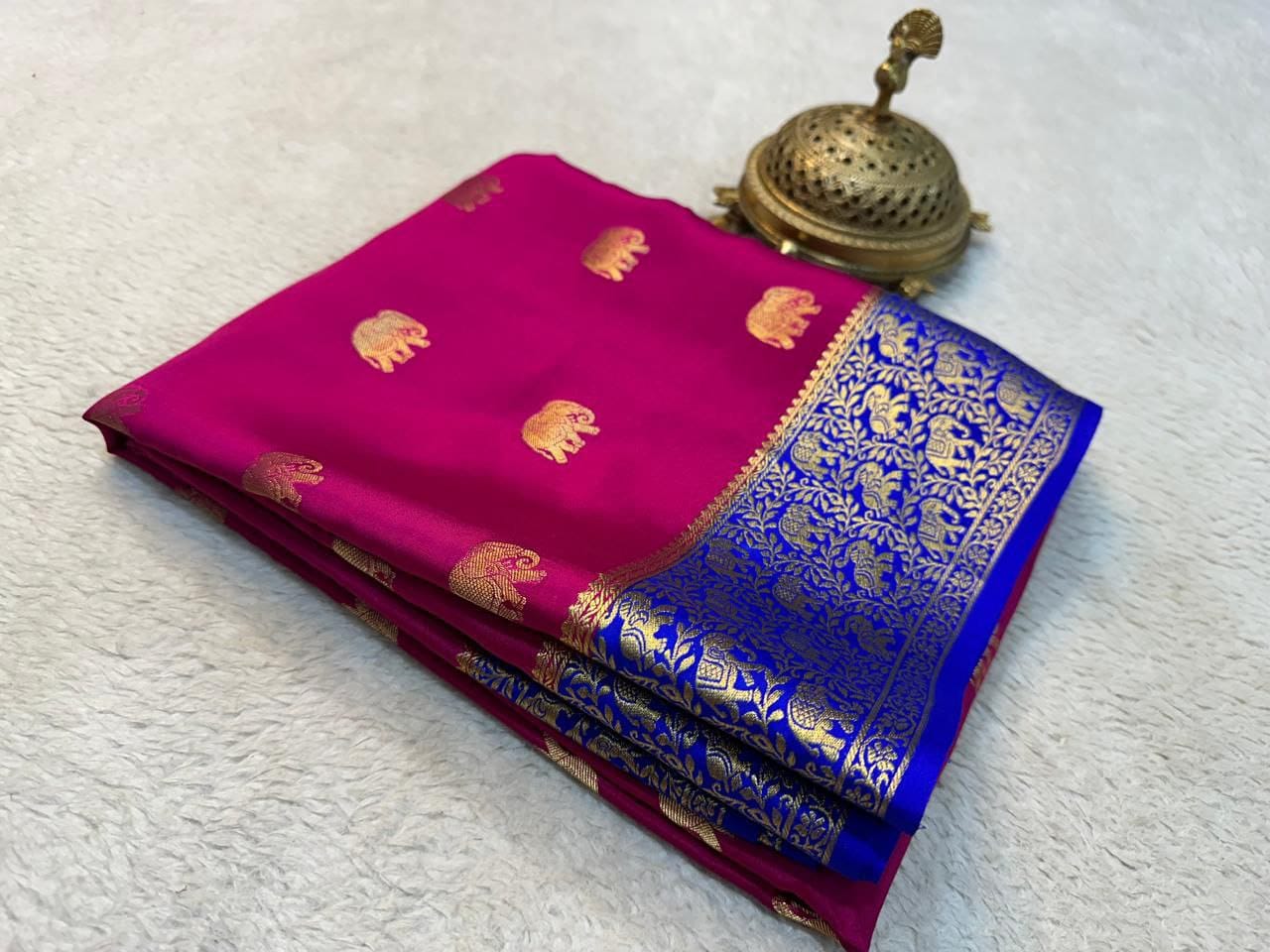 Pure Mysore Crepe Silk Saree with Elephant Zari Weaving & Rich Pallu