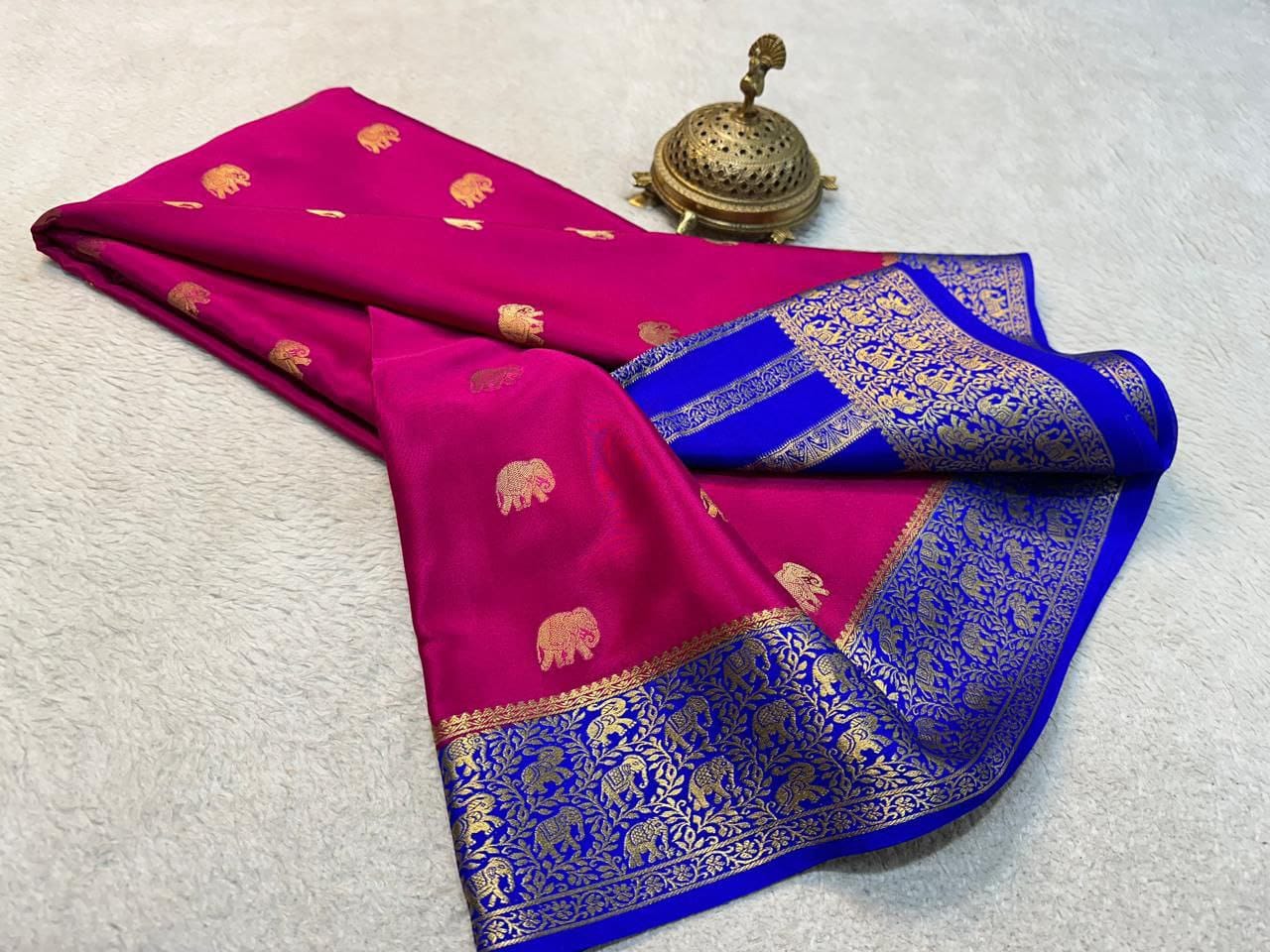 Pure Mysore Crepe Silk Saree with Elephant Zari Weaving & Rich Pallu