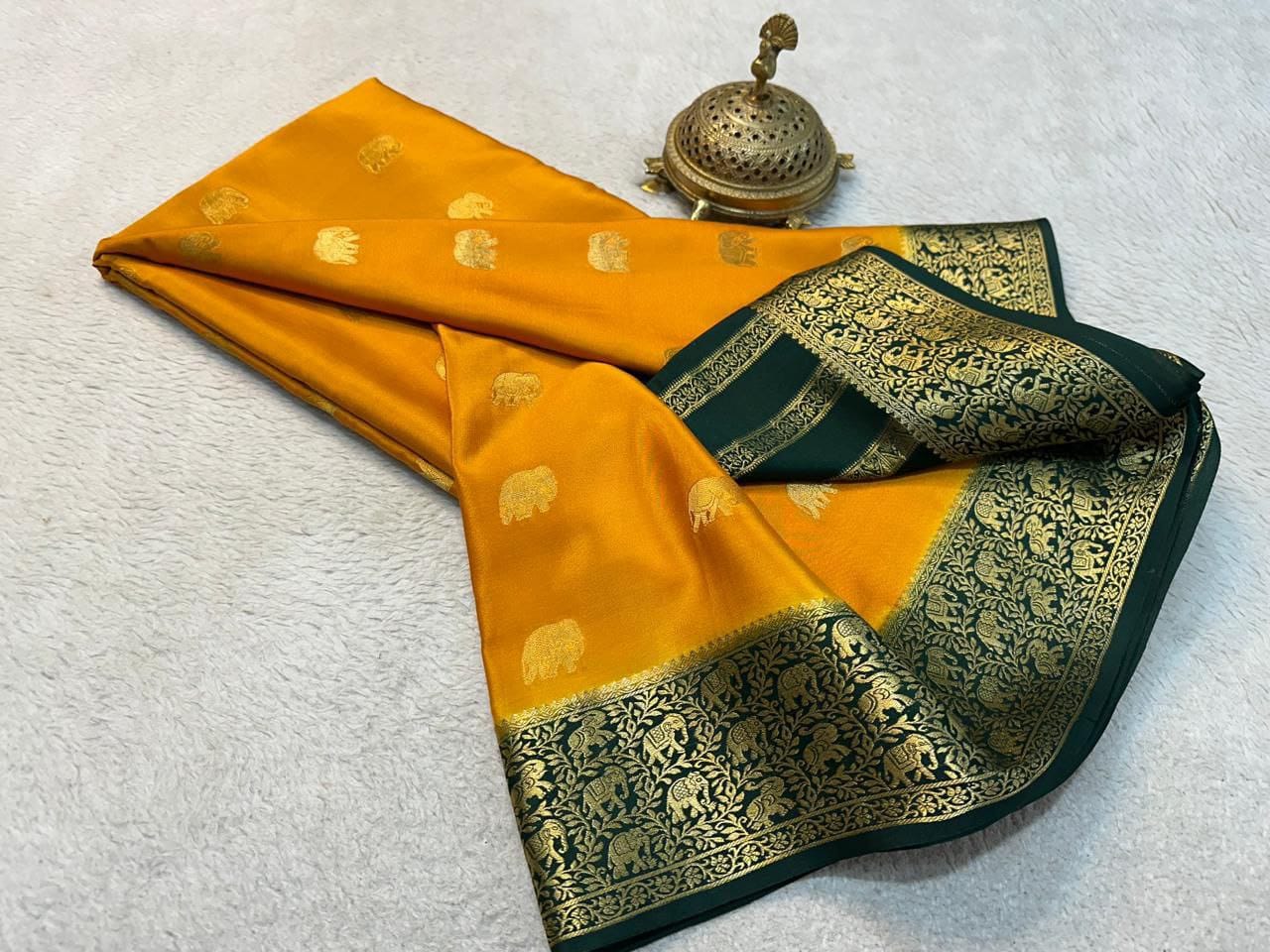 Pure Mysore Crepe Silk Saree with Elephant Zari Weaving & Rich Pallu