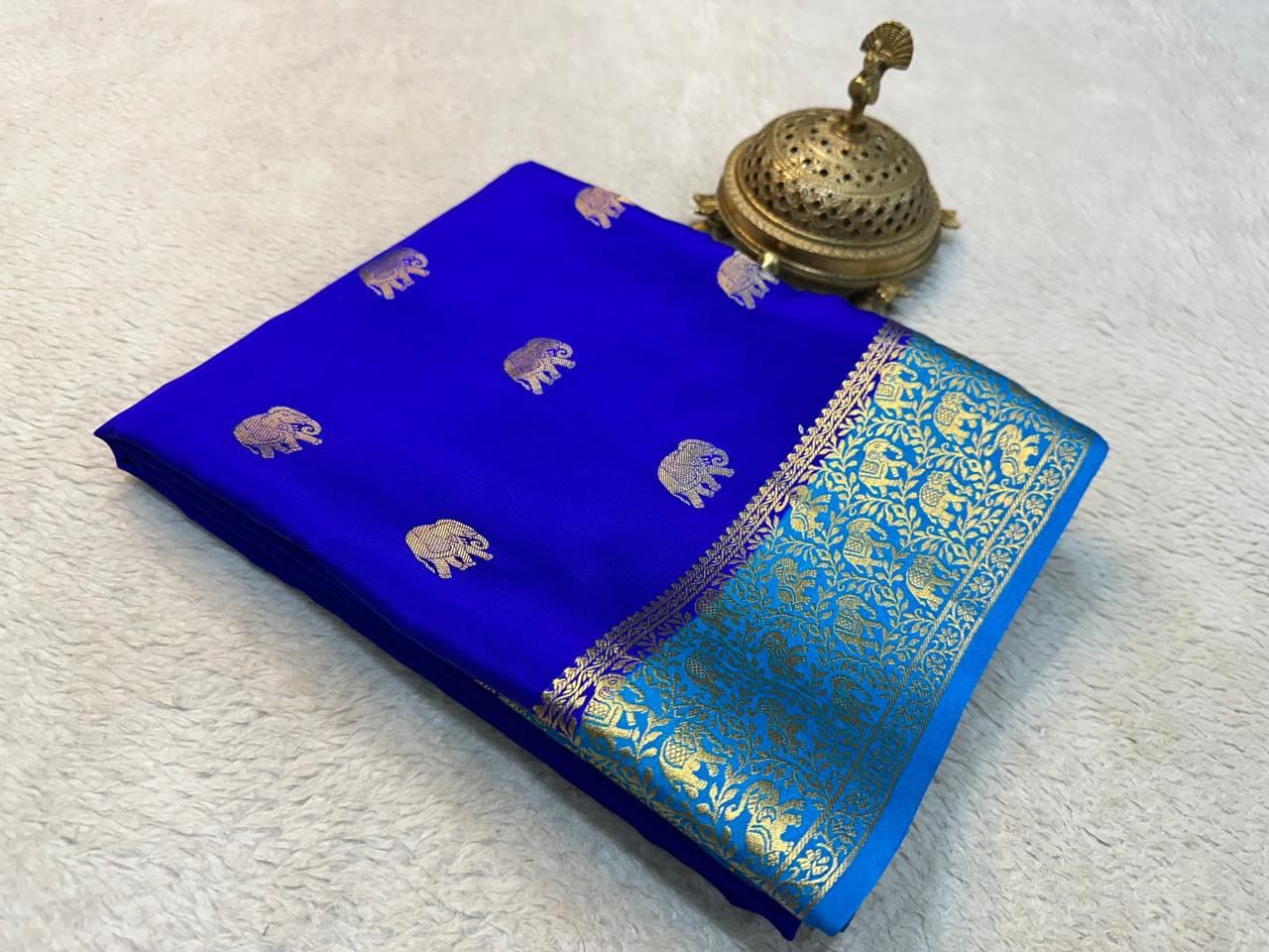 Pure Mysore Crepe Silk Saree with Elephant Zari Weaving & Rich Pallu