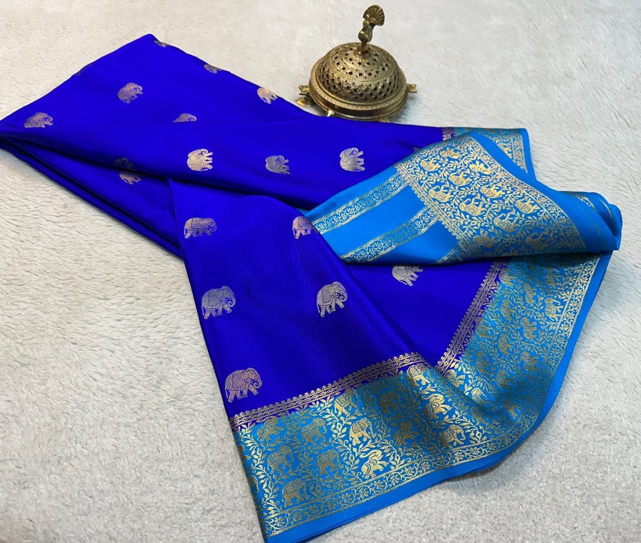 Pure Mysore Crepe Silk Saree with Elephant Zari Weaving & Rich Pallu