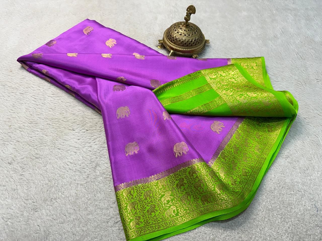 Pure Mysore Crepe Silk Saree with Elephant Zari Weaving & Rich Pallu