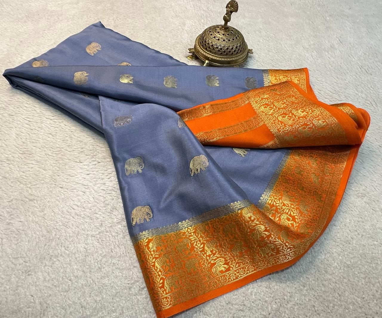Pure Mysore Crepe Silk Saree with Elephant Zari Weaving & Rich Pallu