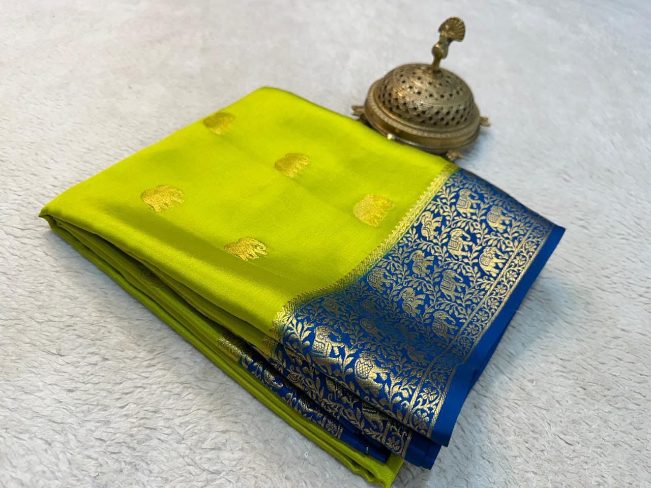 Pure Mysore Crepe Silk Saree with Elephant Zari Weaving & Rich Pallu