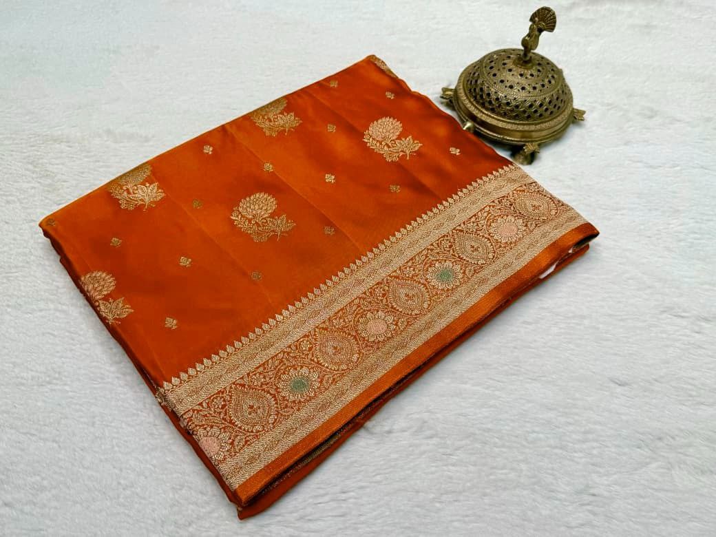 Banarasi Crepe Silk Handloom Saree with Fancy Flower Design, Rich Pallu & Designer Blouse
