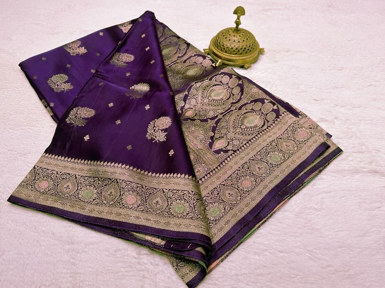 Banarasi Crepe Silk Handloom Saree with Fancy Flower Design, Rich Pallu & Designer Blouse