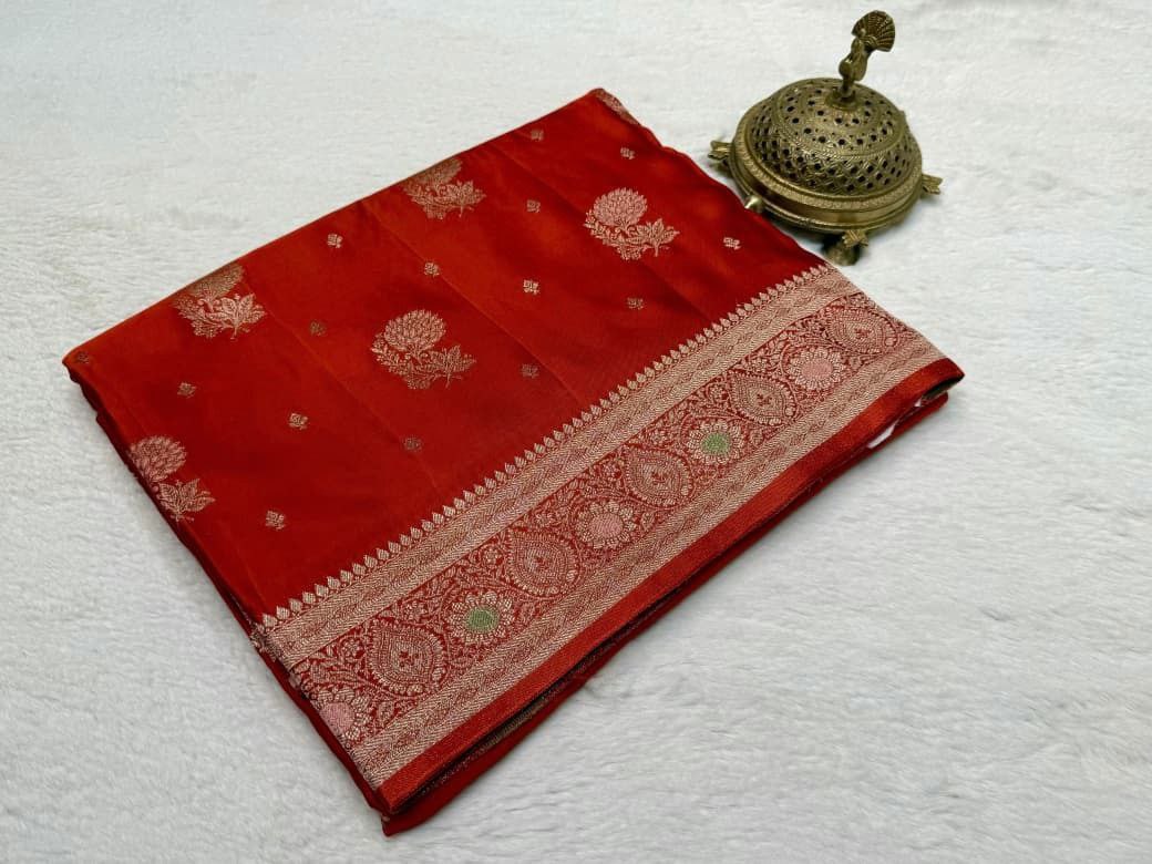 Banarasi Crepe Silk Handloom Saree with Fancy Flower Design, Rich Pallu & Designer Blouse