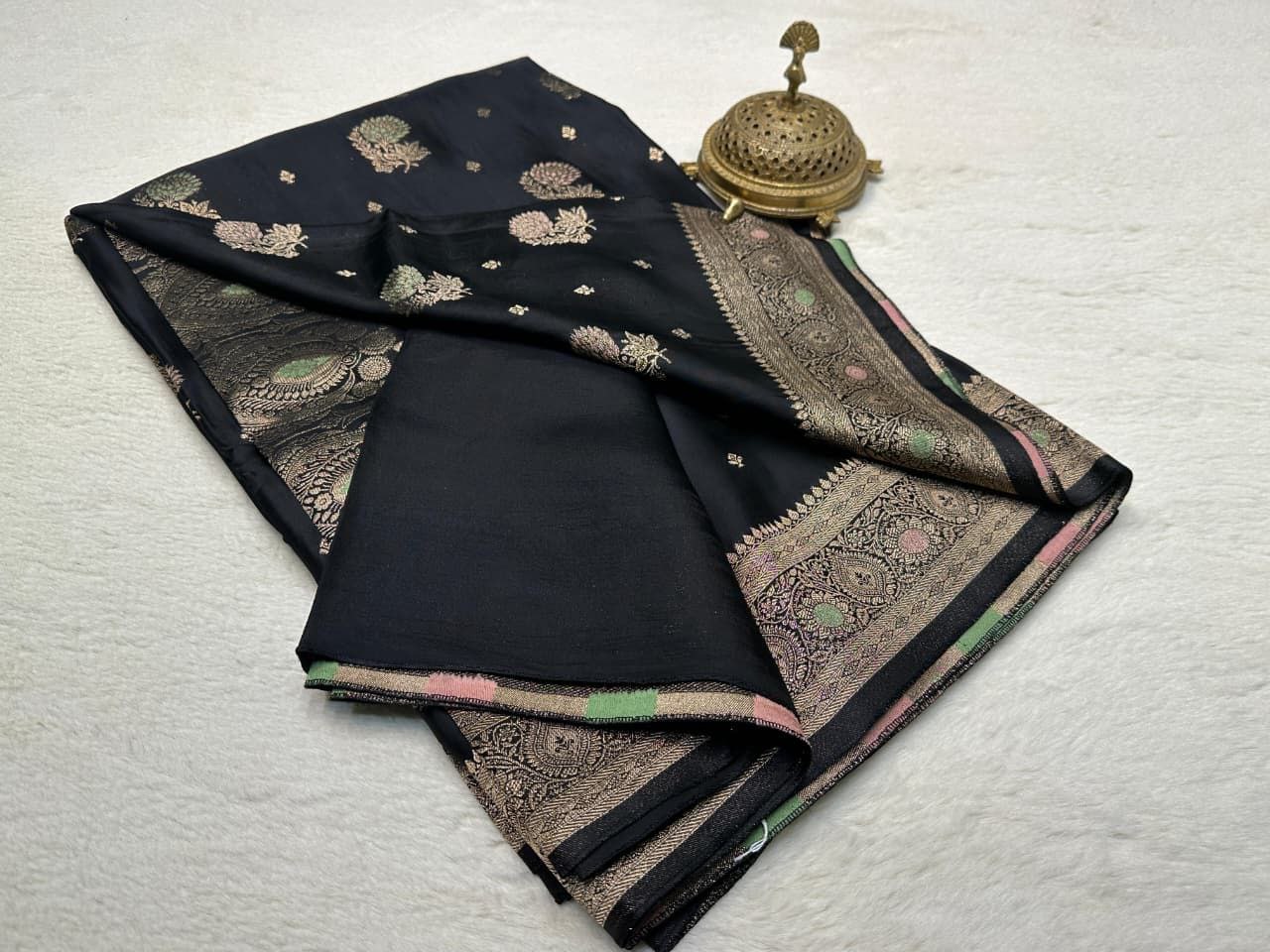 Banarasi Crepe Silk Handloom Saree with Fancy Flower Design, Rich Pallu & Designer Blouse