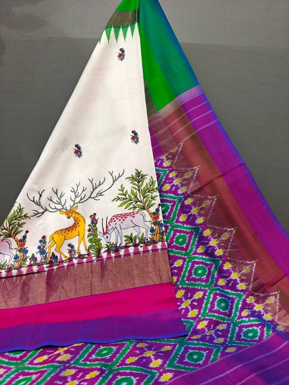 Kalamkari Ikkat Designer Printed Dolla Silk Saree with Jacquard Weaving Border