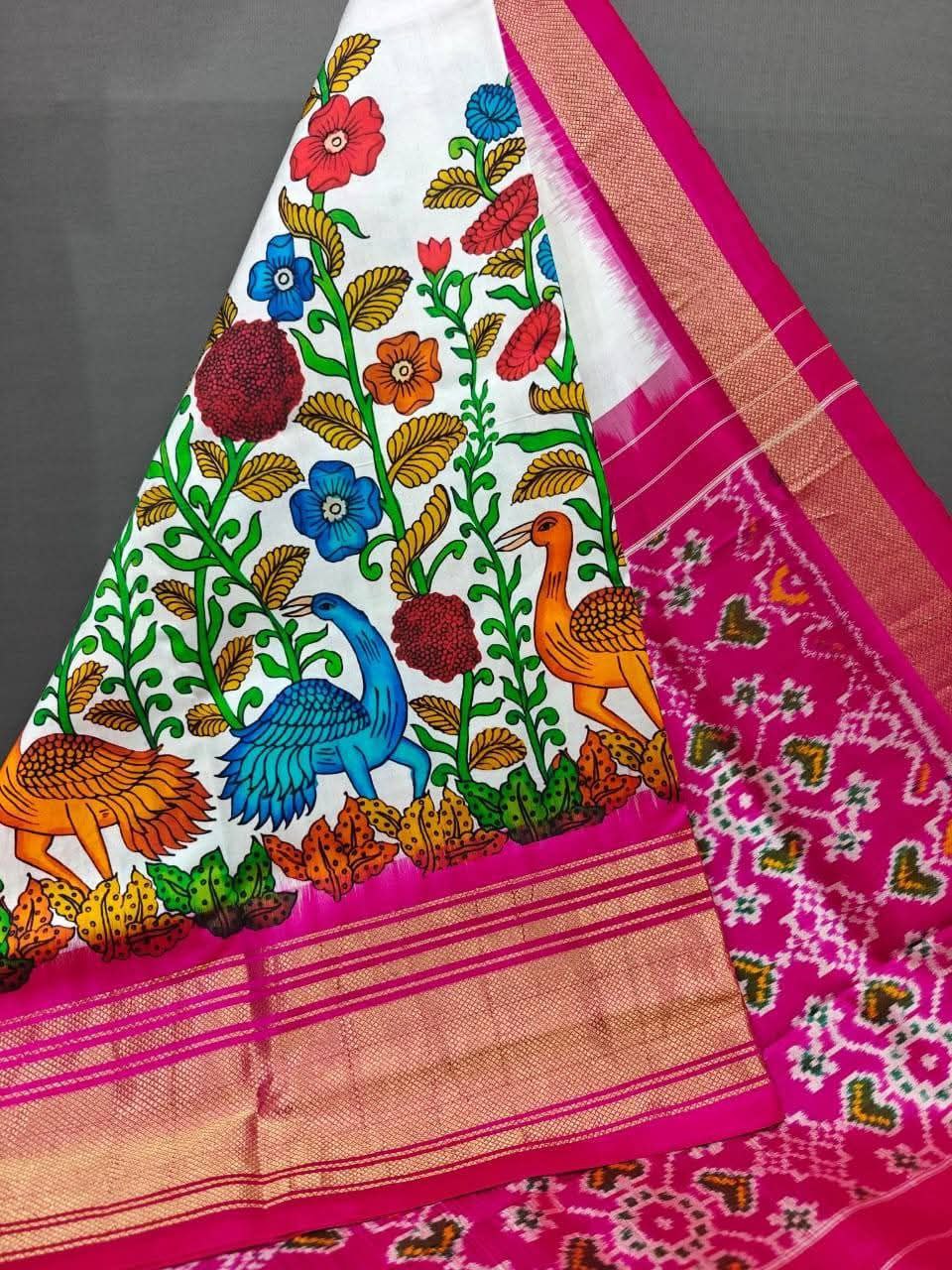 Kalamkari Ikkat Designer Printed Dolla Silk Saree with Jacquard Weaving Border