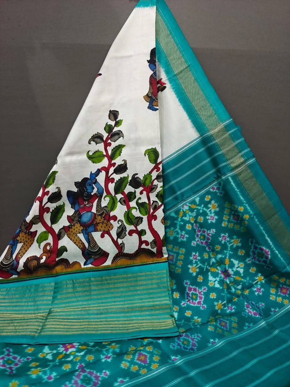 Kalamkari Ikkat Designer Printed Dolla Silk Saree with Jacquard Weaving Border