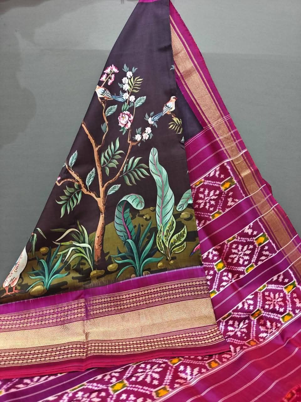 Kalamkari Ikkat Designer Printed Dolla Silk Saree with Jacquard Weaving Border