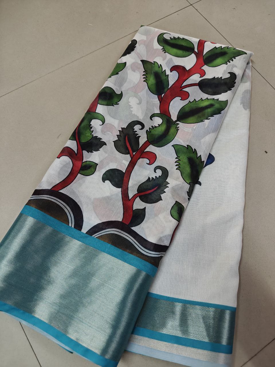 Kalamkari Ikkat Designer Printed Dolla Silk Saree with Jacquard Weaving Border