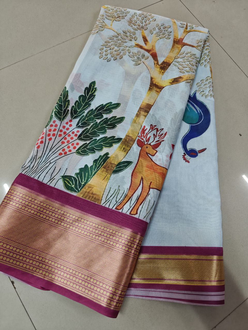 Kalamkari Ikkat Designer Printed Dolla Silk Saree with Jacquard Weaving Border