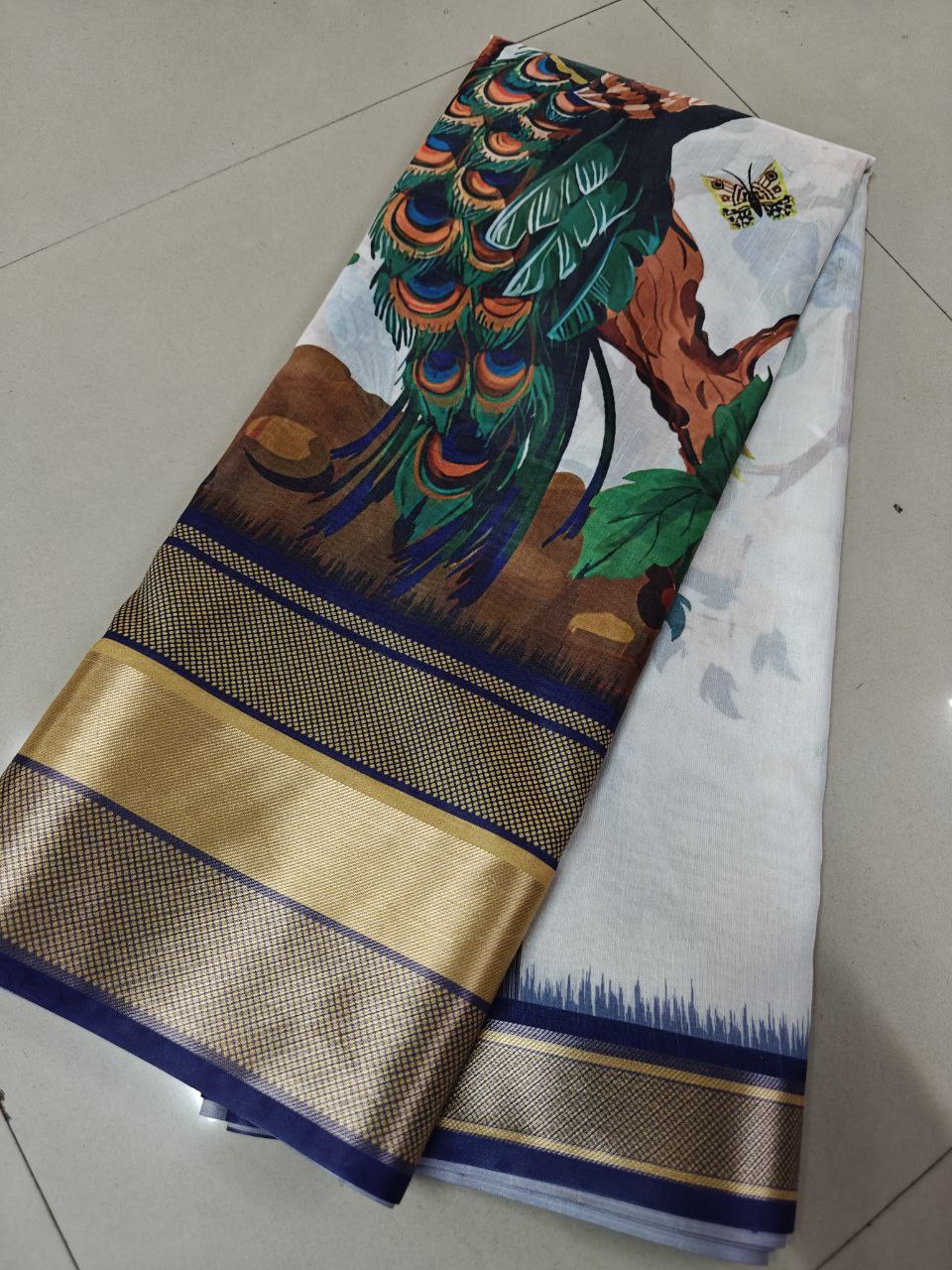 Kalamkari Ikkat Designer Printed Dolla Silk Saree with Jacquard Weaving Border