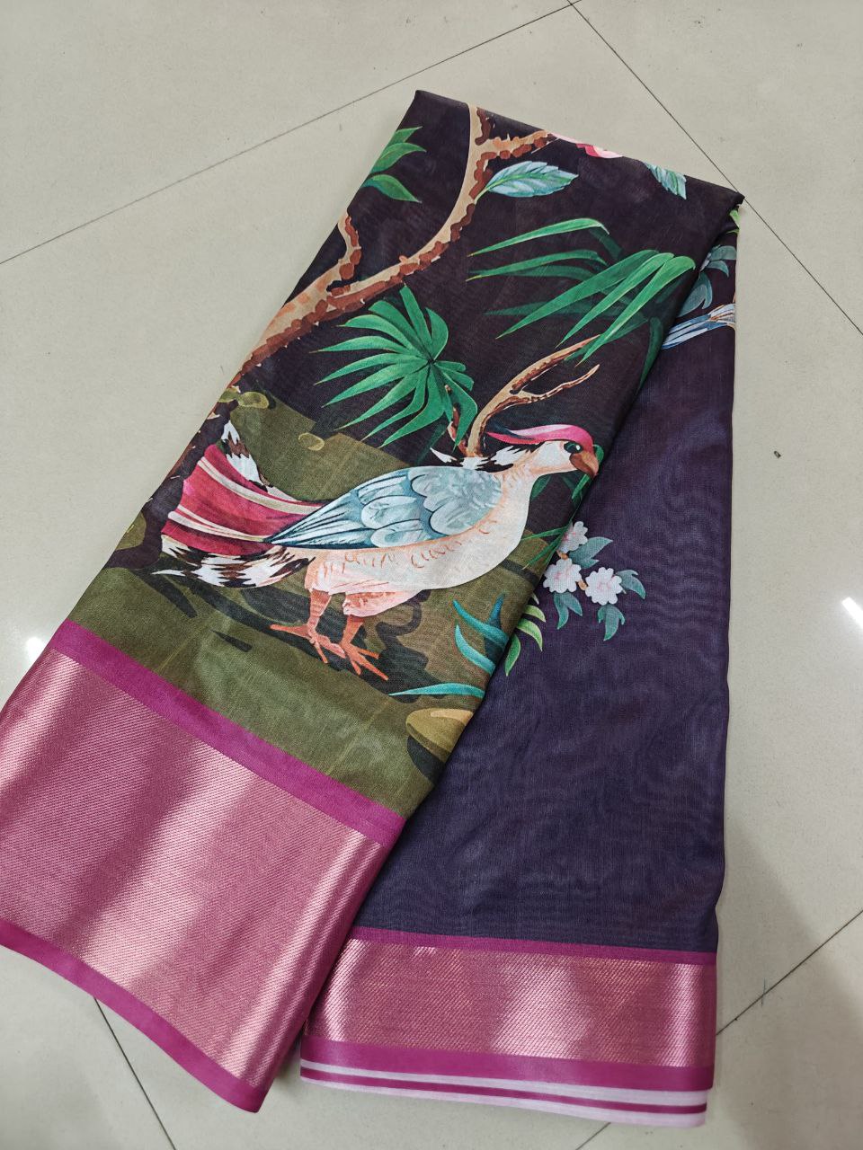 Kalamkari Ikkat Designer Printed Dolla Silk Saree with Jacquard Weaving Border