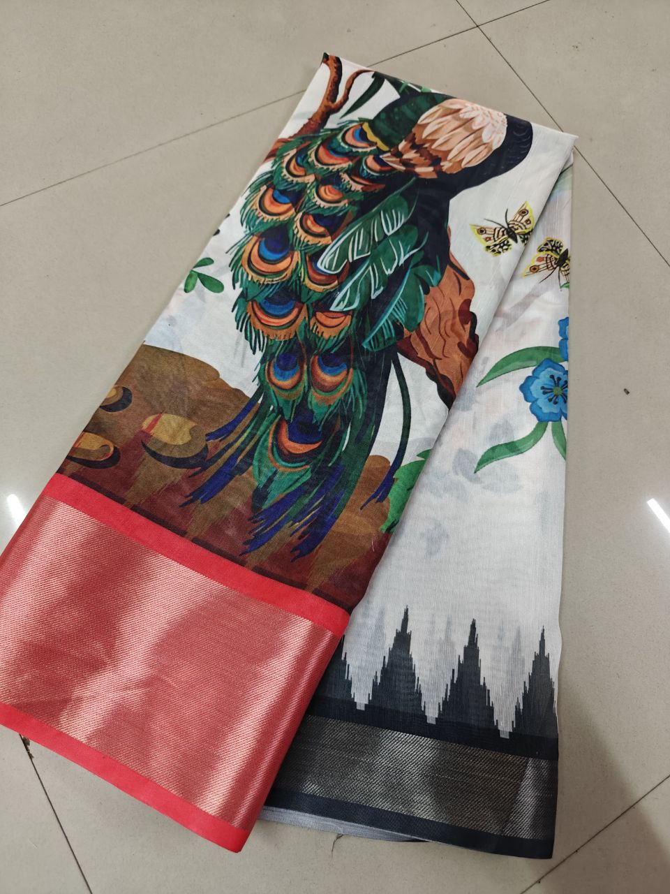 Kalamkari Ikkat Designer Printed Dolla Silk Saree with Jacquard Weaving Border