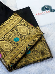 Elegant Black Mysore Soft Silk Saree with Rich Gold Zari Border & Meenakari