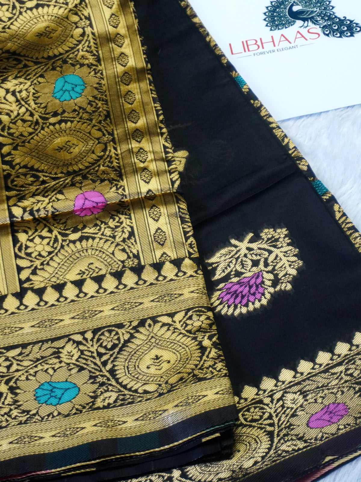 Elegant Black Mysore Soft Silk Saree with Rich Gold Zari Border & Meenakari