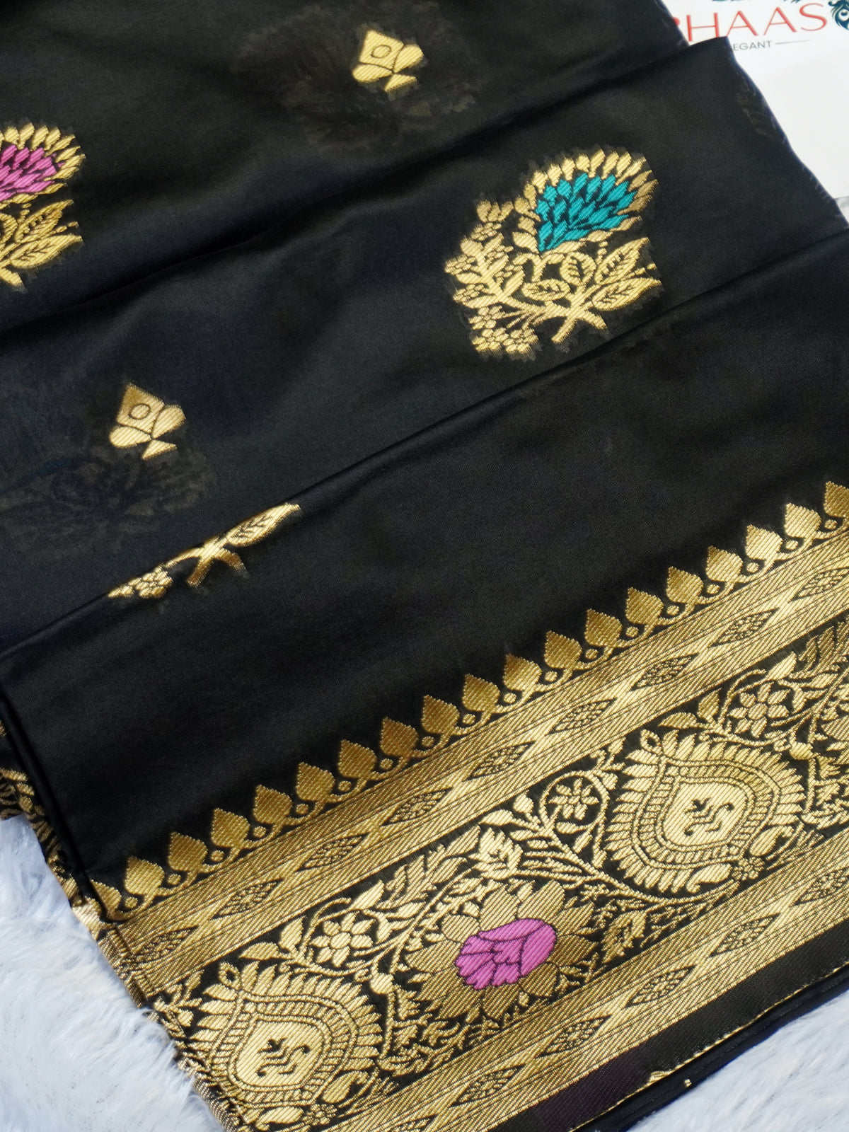 Elegant Black Mysore Soft Silk Saree with Rich Gold Zari Border & Meenakari