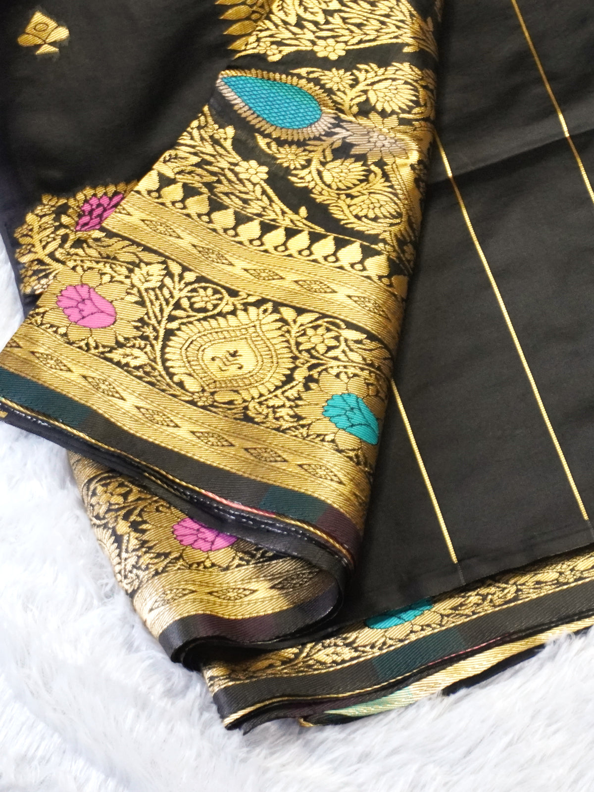 Elegant Black Mysore Soft Silk Saree with Rich Gold Zari Border & Meenakari