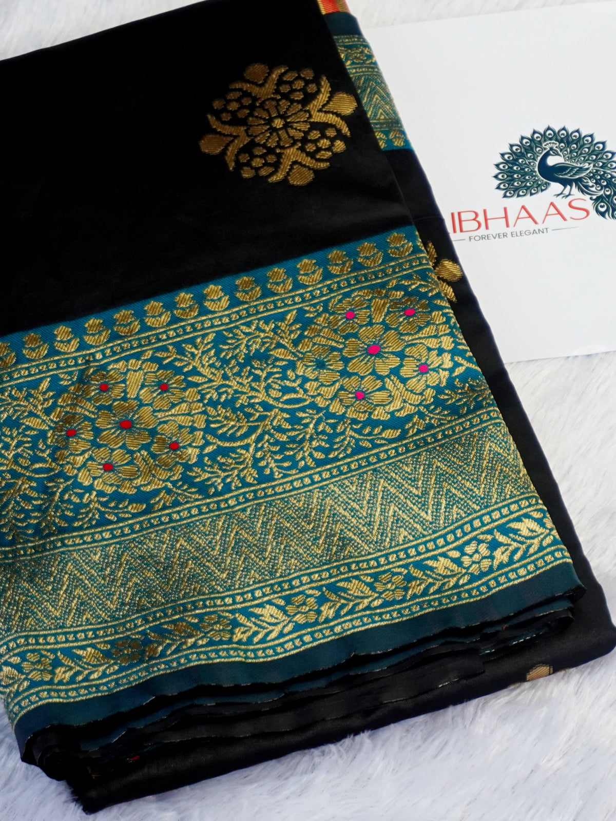 Midnight Black Silk Blend Saree with Teal Blue Zari Border & Floral Motifs