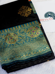 Midnight Black Silk Blend Saree with Teal Blue Zari Border & Floral Motifs