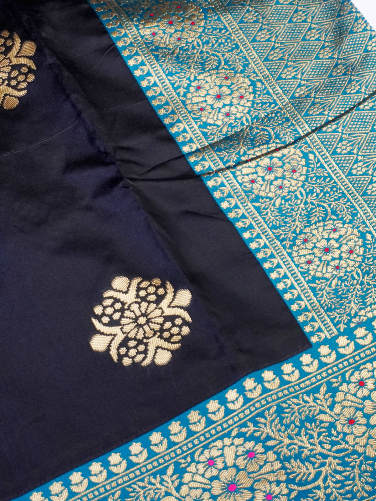 Midnight Black Silk Blend Saree with Teal Blue Zari Border & Floral Motifs