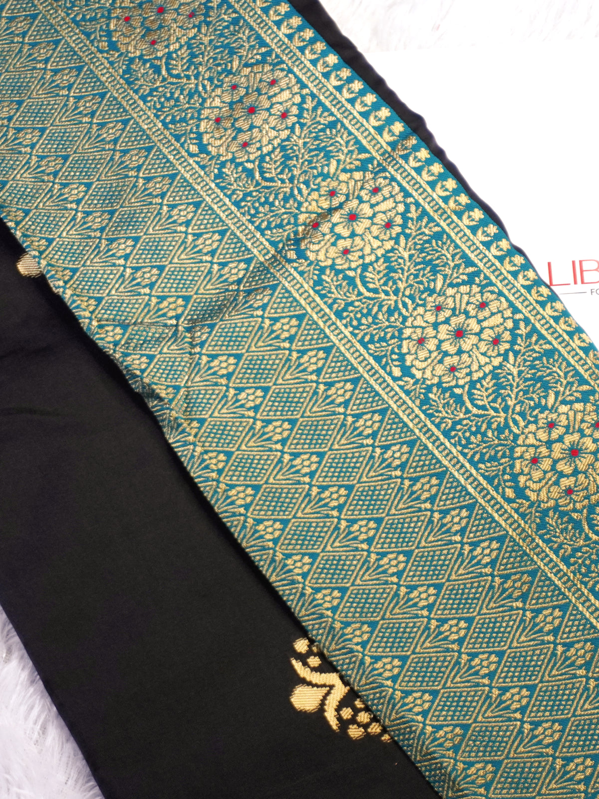 Midnight Black Silk Blend Saree with Teal Blue Zari Border & Floral Motifs
