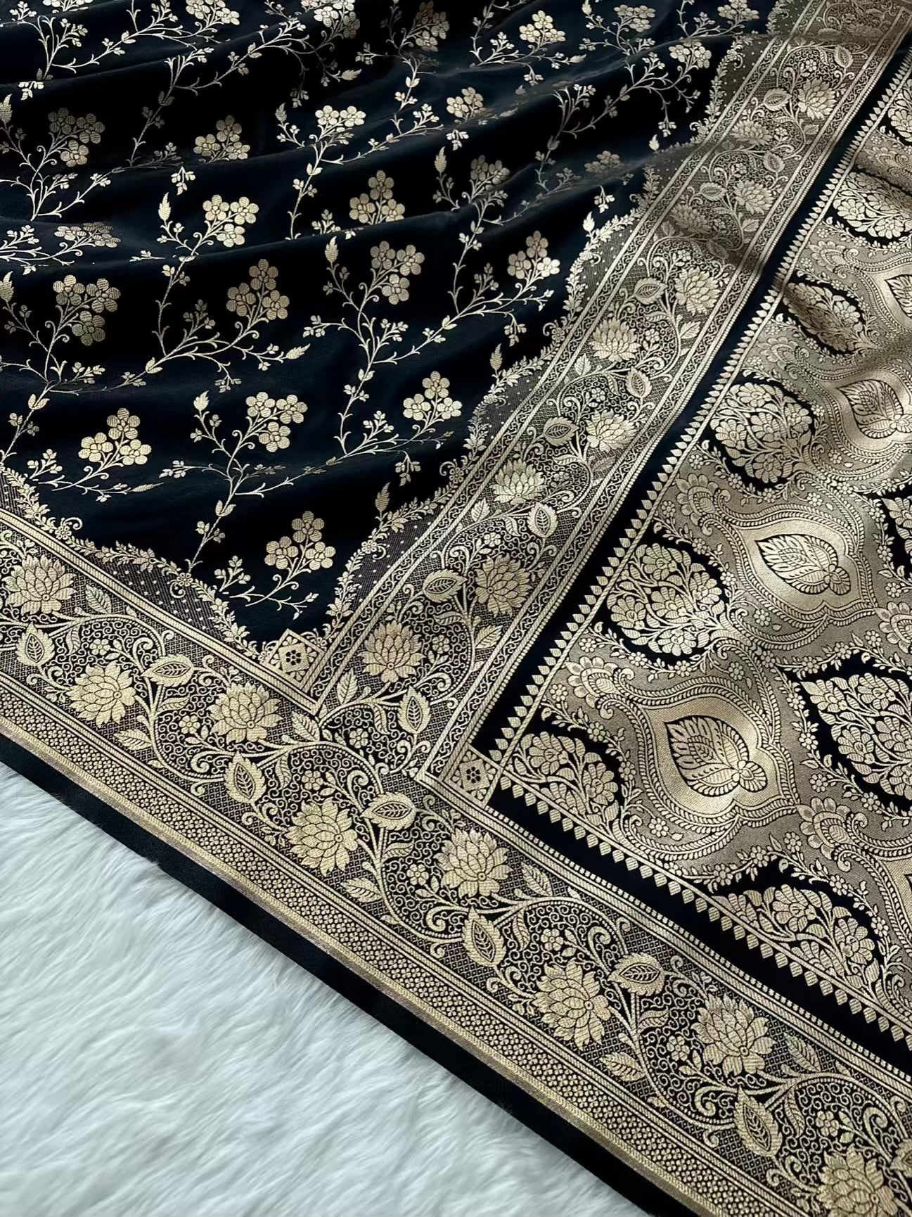 Radiant Fire Gold Banarasi Satin Silk Saree with Elegant Booti Work
