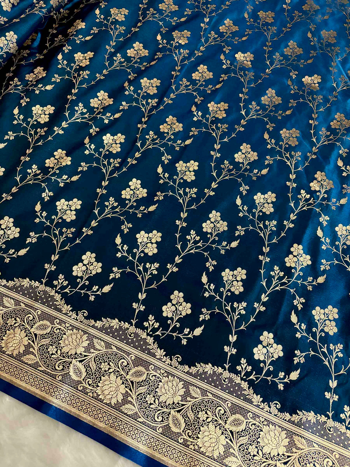 Radiant Fire Gold Banarasi Satin Silk Saree with Elegant Booti Work