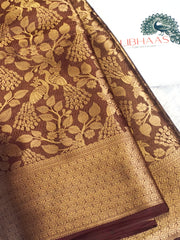 Deep Maroon Kanjeevaram Soft Silk Blend Saree with Antique Gold Peacock & Floral Jaal Work
