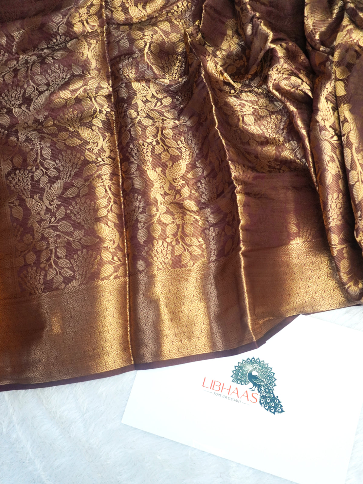 Deep Maroon Kanjeevaram Soft Silk Blend Saree with Antique Gold Peacock & Floral Jaal Work