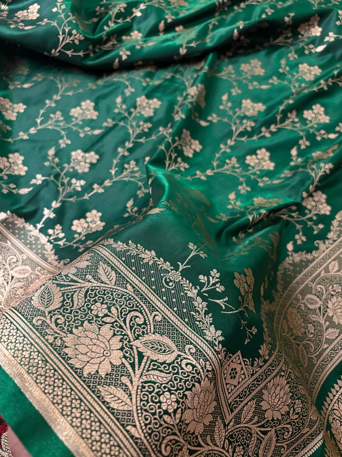 Radiant Fire Gold Banarasi Satin Silk Saree with Elegant Booti Work