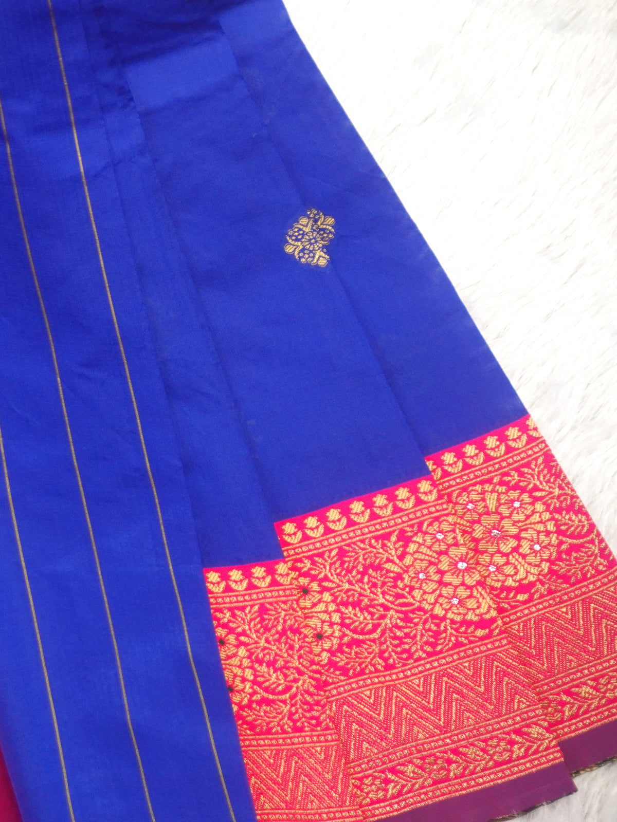 Royal Blue Silk Blend Saree with Contrast Rani Pink Zari Border